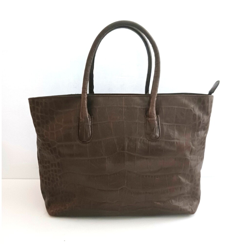 Furla Dk Brown Croc Embossed Leather Top Handle Tote Made in Italy